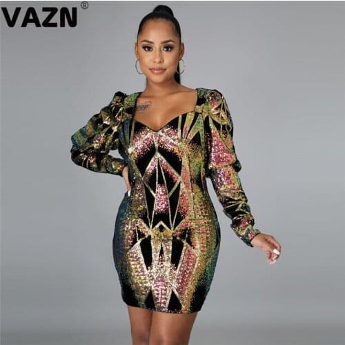 VAZN New 2021 Tulle Banquet Party Print Women Elegant Fashion Mini Dress Slim Dress Club Birthday Shinny Dress