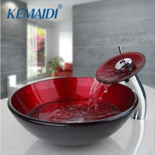 KEMAIDI Luxury Combo Set Mixer Round Taps Sink Faucet Pop Up Drain Bathroom Glass Basin Vanity Waterfall Spout Chrome Bath Set
