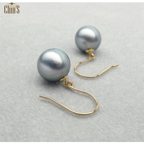 10-10.5mm Round Gray Genuine Tahitian Pearl Drop Earrings Dangle 14K Yellow Gold