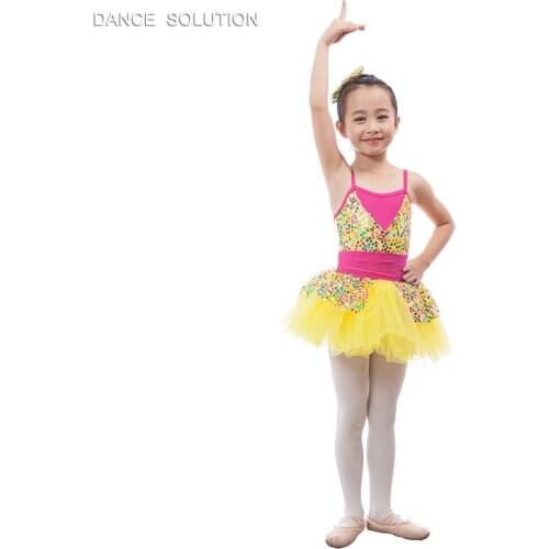 Spandex Top with Colorful Sequin Tulle Short Skirt Child & Girl Dance Costumes Ballet Princess Dress Practice Dancewear 17047