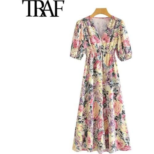 TRAF Women Chic Fashion Floral Print Pleated Midi Dress Vintage Puff Sleeve Elastic Waist Female Dresses Vestidos Mujer