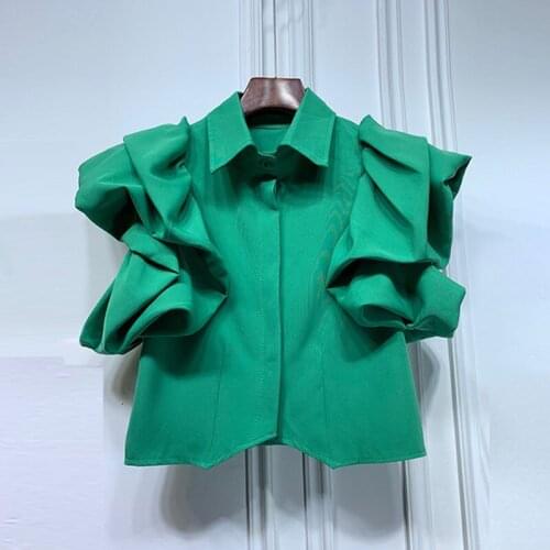 Vintage Ruffles Women Blouse Lapel Collar Butterfly Short Sleeve Loose Shirt Female Fashion Clothes 2021 Spring summer Vintage