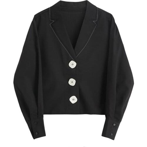 Womens spring autumn black long sleeve V-neck chic short shirt female casual slim blouse top TB4043