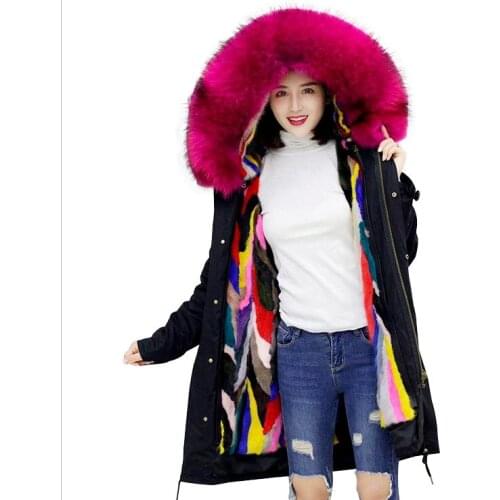 Womens fur jacket real mink fur natural fur liner fox fur collar parker coat female long section overcoat