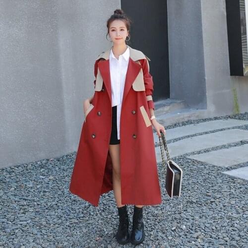 Womens 2021 Spring Autumn New Splicing Windbreaker Long Korean Loose British Style Double-breasted High-quality Lining Coat GW1