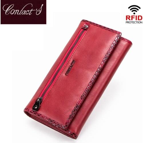 Contacts Long Women Wallets Genuine Leather Large Capacity Ladies Card Phone Wallets Coin Purses Carteira RFID Clutch Wallets