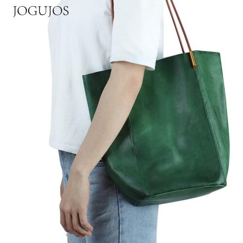 Real Leather Women Solid Handmade Vintage Handbag Large Totes High Quality