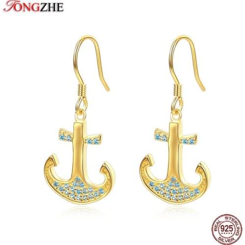 TONGZHE Blue CZ Earrings For Women Anchor Cross 925 Sterling Silver Yellow Gold Filled Earrings brincos 2018 Womens Jewellery