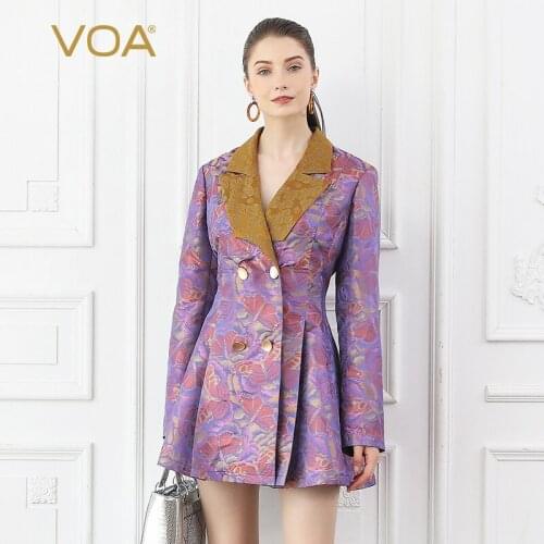 VOA Silk Rococo Trench Coat Women Slim Tunic Fall Long Sleeve Vintage Elegant Ladies Outerwear Butterfly Printed Clothes F335