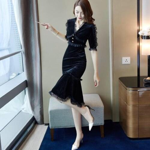 Fall Spring Women Office Lady Slim High Waisted Lace Patchwork Pencil Mermaid Velour Dress , Female Woman Velvet Trumpet Dresses
