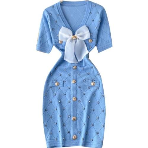 Summer Women Sexy Deep V-Neck Short Sleeve Slim Mini Dress High Quality Embroidered Flares Bow Diamond Lattice Knitted Dress