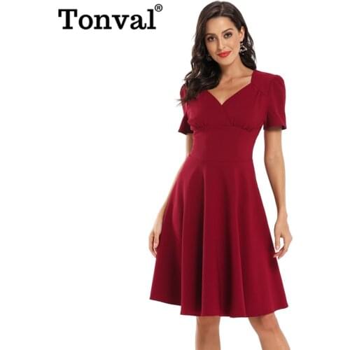 Tonval Solid High Waist Ruched Wrap V Neck 1950S Vintage Robe Swing Dress Spring Summer Women A Line Midi Retro Dresses