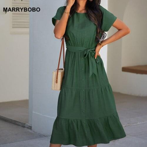 Vintage Loose High Waist Dress Women Summer O-Neck Short Sleeve Bohemian Long Dress 2021 Casual Solid A-Line Dresses