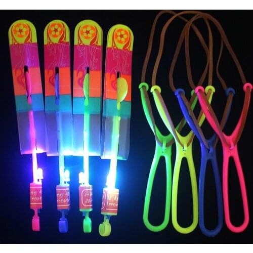 10PCS Outdoor Shining Rocket Flash LED Light Night Kids Luminous Slingshot Toys Shine Slingshot Elastic Helicopter Rotating Toy