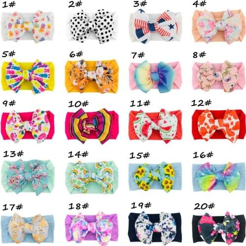 20 Pcs/Lot, Printed Big Bow Baby Nylon Headbands, Wide Nylon Turban Headwraps Baby Toddlers Hair Accessories