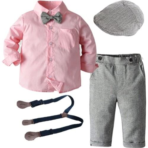 Boy Child Wedding Suit Toddler Kids Clothe Set Hat + Shirt + Bow Tie + Grey Pants 4 Pieces Handsome Gentleman Costume Pink