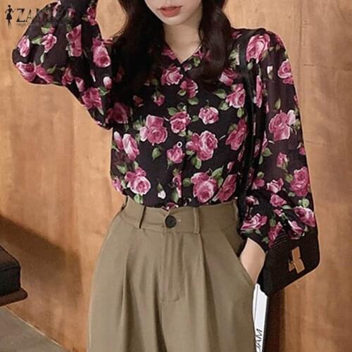 Floral Print Blouse 2021 Autumn Women Korean Fashion Shirts ZANZEA Single-breasted Lapel Tunic Casual Loose Long Sleeve Blusas