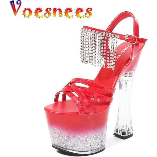 Voesnees Bling Women Shoes Square Heel Cross Belt Sexy High Heels 17cm Platform Sandals Ladies Shoes Stripper Heels 2021 New
