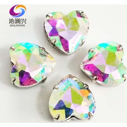 AB color heart shape top quality Glass Crystal claw rhinestones,sew on stone with hole for Diy Clothing accessories SWH06