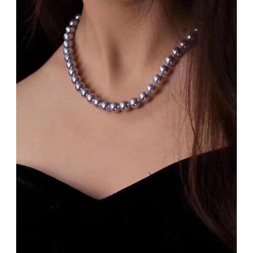 D923 Pearl Necklace Fine Jewelry Round 9-10mm Fresh Water Blue Rose Pearls Necklaces for Women Fine Presents