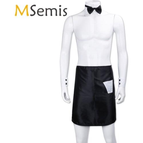 Men Lingerie Set Gay Role-playing Games Halloween Erotic Men Apron Outfits Tops Satin Panties Apron with Bow Tie Collar Cuffs