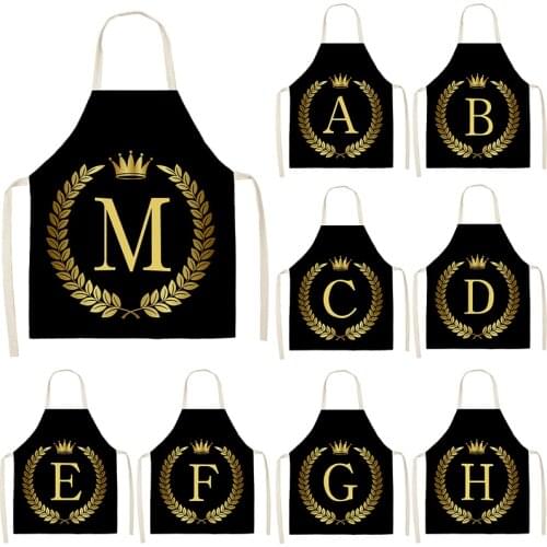 Black Golden Crown Letter Alphabet Print Kitchen Apron for Woman Man Cotton Linen Aprons For Cooking Home Cleaning Tools 53*65cm
