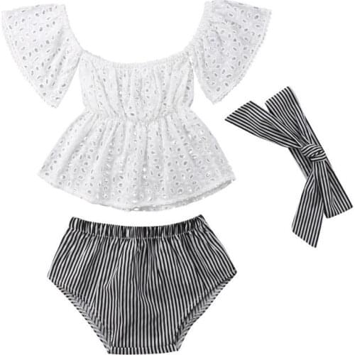 Summer Newborn Baby Girl Lace Off Shoulder Top Stripe Shorts Outfits Clothes Summer Newborn Baby Girl Lace