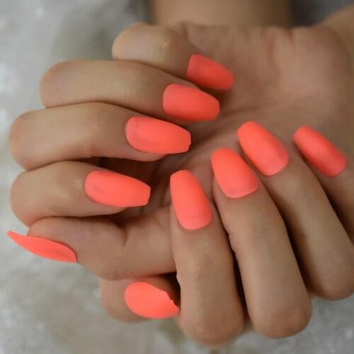 Neon Orange Press On Nails Ballerina Matte Faux Ongles Solid Color Medium Manicutre Art Tips with Adhesive Tabs