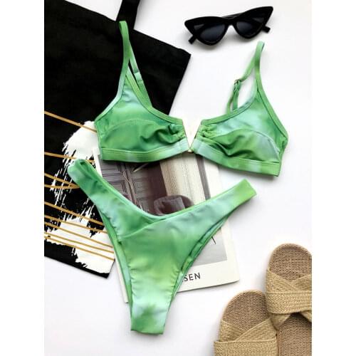 New V Neck Tie Dye Mid Waist Bikini Women Swimwear Female Swimsuit High Cut Bikini set Bather Bathing Suit Swim Lady