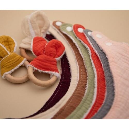 9-color baby bib rabbit ears wooden ring cotton bib newborn baby care bib wooden ring baby toy 2-piece set