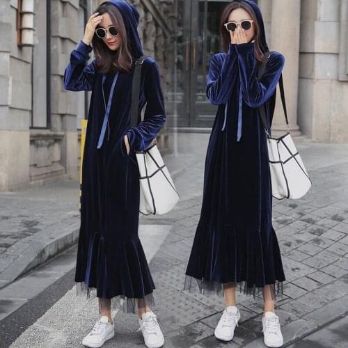Autumn Pleuche Hooded Sweater Dress Women Flounced Skirt Loose Mesh Stitching Mermaid Dress Womens Pink Long Sleeve Dress Navy