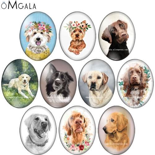 Lovely Pet Dogs Art Paintings Cute Flower Animals 13x18mm/18x25mm/30x40mm Oval photo glass cabochon flat back Making findings