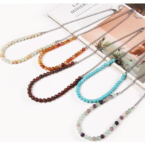 Amazonite Necklace BOHO Summer Holiday Women Natural 6 mm Fluorite Stone Beads Collar Silver Color Chain Necklaces Men Choker