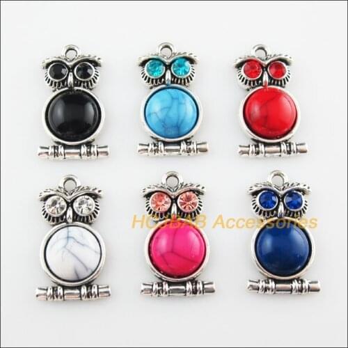 6 New Animal Owl Mixed Charms Stone Tibetan Silver Tone Pendants 16.5x28mm