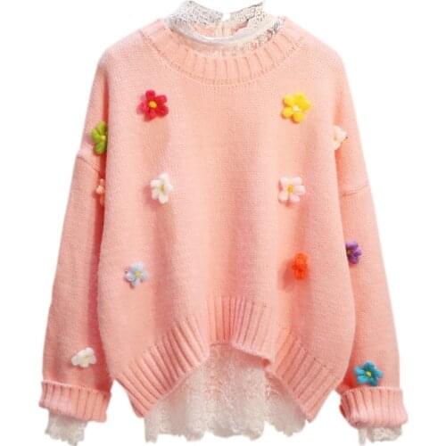 Autumn Winter Pullover Sweater Women Japanese Cute Knit Jumpers 2020 Fashion Flowers Decoration Knitwear Women Sweater Coat