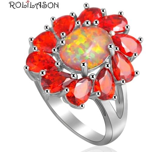 ROLILASON flower design Orange Zircon Inlay jewelry for women Orange fire Opal silver plated Rings USA size #6#7#8#9#10 OR670