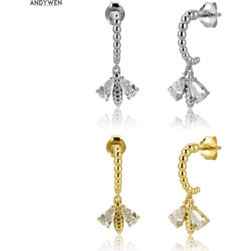 ANDYWEN 925 Sterling Silver Gold 8mm Bees Zircon CZ Circle Drop Earring Animal Wing Crystal Luxury Jewelry 2020 Rock Punk Clips
