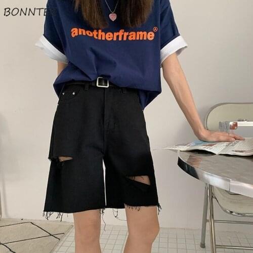 Shorts Women Leisure Denim Vintage Summer Knee Length Female High Waist Hole Fashion Tassel Korean Style Couples College Simple