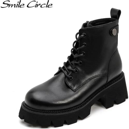 Smile Circle Autumn Cow Leather Ankle Boots Women Short Boots Ladies Shoes Casual Fashion High heels 6CM motorcycle Boots