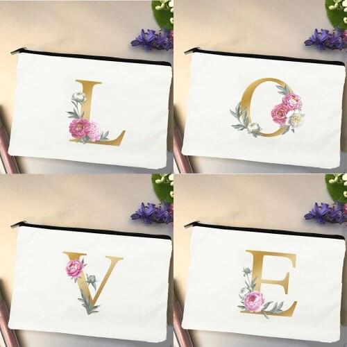 Gold A-Z Letters Flowers Cosmetic Bag Reusable Canvas Makeup Organizer Harajuku Travel Handbags Portable Cute Eco Beauty Bag