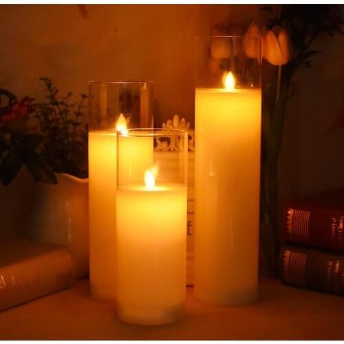 Dancing wick Flickering Flame Pillar Candle lamp Paraffin Wax Electric LED Glass Candle Set Home Bar Party table Deoration-Amber