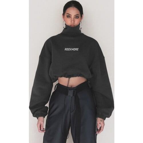 Short Hoodie Women Solid Sweatshirt Tracksuit Long Sleeve Letter Print Female Crop Top 2021 Fashion High Neck Ladies Sweatshirts