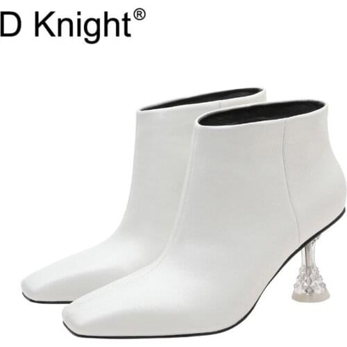 Ladies Casual Slip-on Square Toe High Heels Ankle Boots New Sexy Crystal High-heeled Short Boots British Style Chelsea Boots