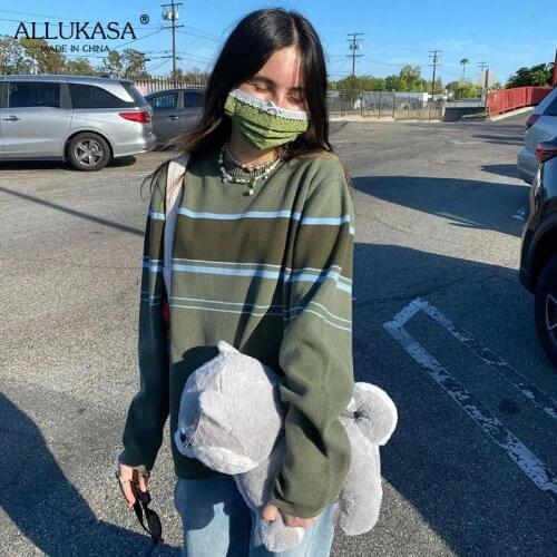 Green striped sweater ladies autumn casual beautiful Y2K loose street wear retro round neck long sleeve pullover 2021