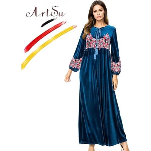 ArtSu Elegant Women Floral Embroidery Velvet Dress 4XL Winter Casual Loose Ethnic Maxi Dress Vestidos Mujer 2018 Christmas Party
