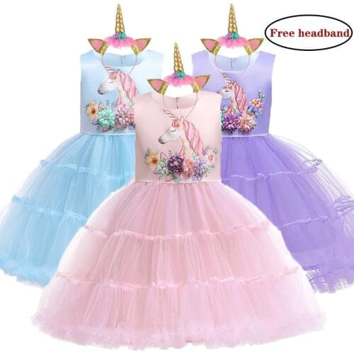 2020 Summer Unicorn Dress Children Clothes Party Princess Dress Children Clothing Girls Wedding Casaul Dress 2 3 6 8 9 10 Year