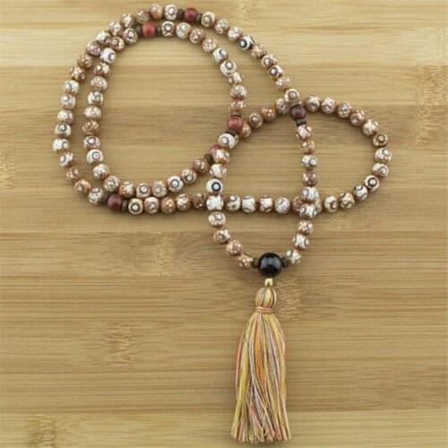 8mm dzi bead jasper gemstone 108 Beads Tassel Mala necklace Wristband chain Bless MONK pray Veins energy Handmade yoga Buddhism