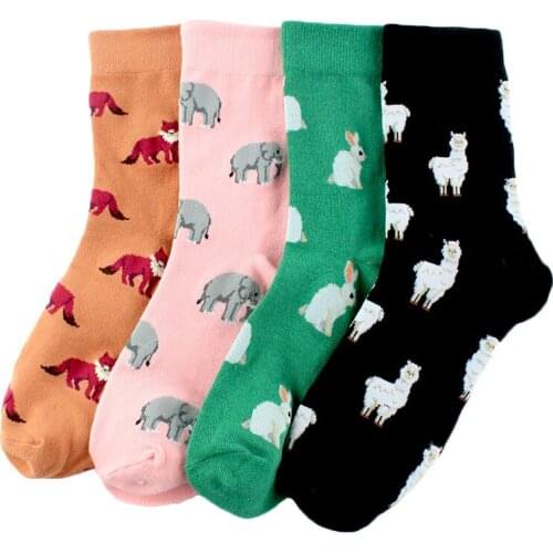 Anewmorn Animals Pure Cotton Socks Women Cute Rabbit Fox Sheep In The Middle Socks Ins Trendy Black Solid Color Personality Sox