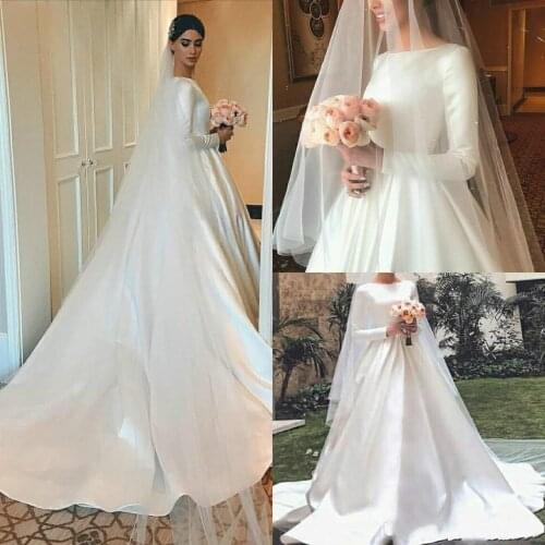 Muslim Long Sleeves Satin Wedding Dresses 2020 Button Back A-Line Simple Bridal Gowns Sweep Train Scoop Customized Vestidos De