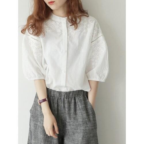 O-Neck Embroidery White Women Shirts 2021 Summer New Solid Loose Elegant All Match Female Outwear Coat Tops